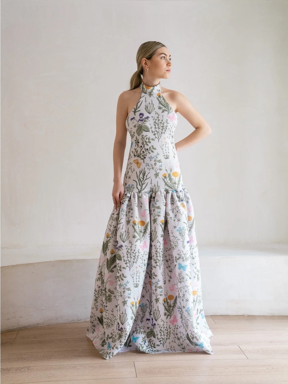 Halter-Neck White Floral Maxi Wedding Dress